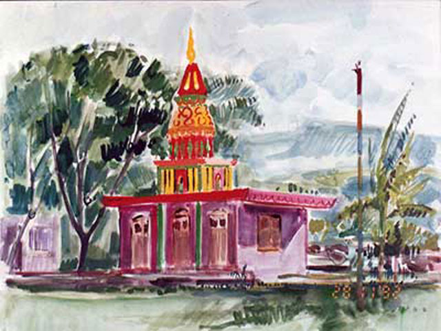 13-I23_Temple tamoul à Bois Rouge_La Réunion 1986_Gouache 65x50